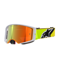 Gogle Alpinestars Supertech Corp Absolute Vision, gogle motocrossowe, żółty fluo i szary, czerwona lustrzana soczewka z napisem „One Goal. One Vision.”, neonowożółty pasek z wyraźnym czarno-białym logo Alpinestars, profesjonalne gogle off-road