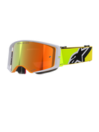 Gogle Alpinestars Supertech Corp Absolute Vision, gogle motocrossowe, żółty fluo i szary, czerwona lustrzana soczewka z napisem „One Goal. One Vision.”, neonowożółty pasek z wyraźnym czarno-białym logo Alpinestars, profesjonalne gogle off-road