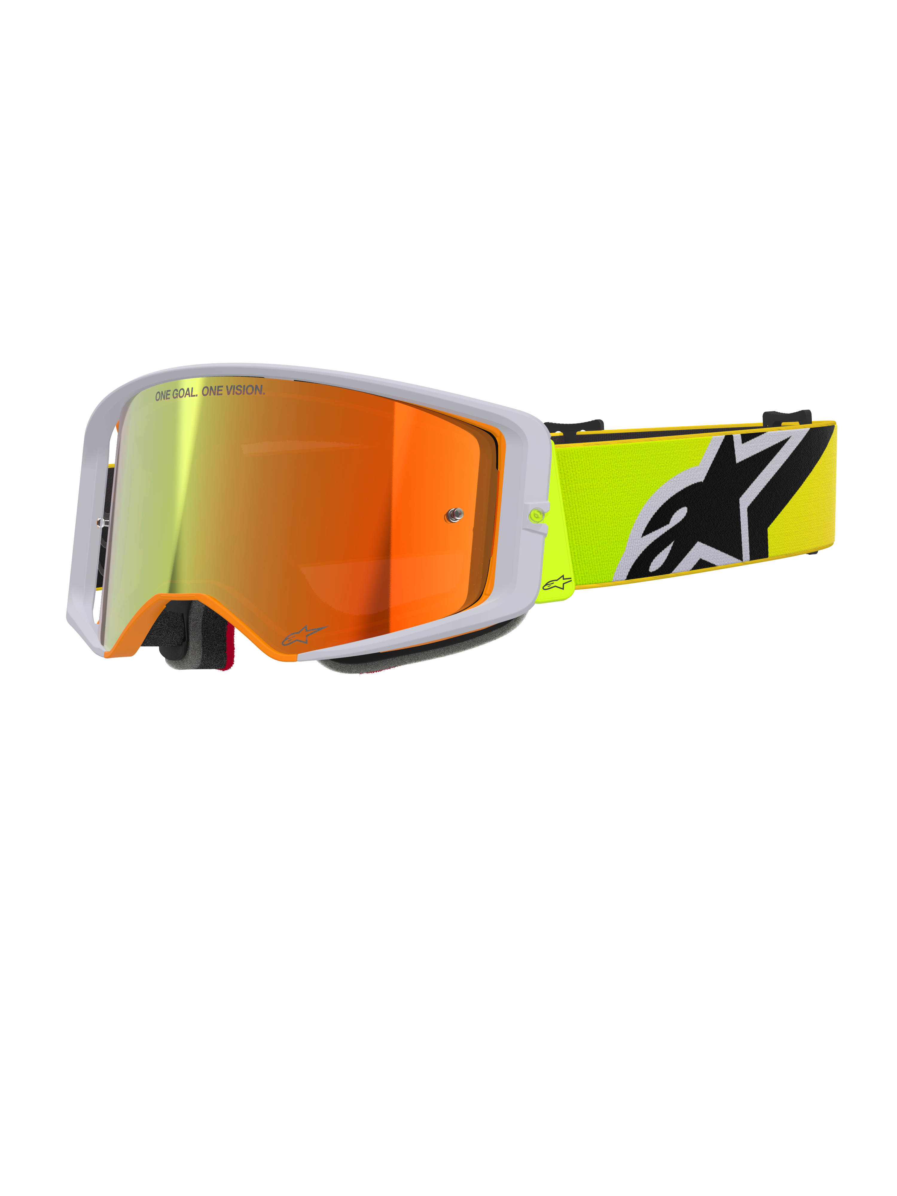 Gogle Alpinestars Supertech Corp Absolute Vision, gogle motocrossowe, żółty fluo i szary, czerwona lustrzana soczewka z napisem „One Goal. One Vision.”, neonowożółty pasek z wyraźnym czarno-białym logo Alpinestars, profesjonalne gogle off-road