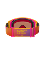 Alpinestars Supertech Corp Goggles Absolute Vision, Motocross Goggles, Yellow and Pink frame with multi-colored gradient strap, rear view showing black multi-layer face foam and 'ALPINESTARS ONE GOAL. ONE VISION.' text, high-performance off-road eye protection