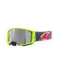 Alpinestars Supertech Corp Goggles Absolute Vision, gogle motocrossowe MX, jaskrawa neonowo-żółta ramka ze srebrną lustrzaną soczewką, szary pasek z dużym czerwono-białym logo gwiazdy, z napisem „ONE GOAL. ONE VISION.” na soczewce, wytrzymała konstrukcja do wyścigów off-road