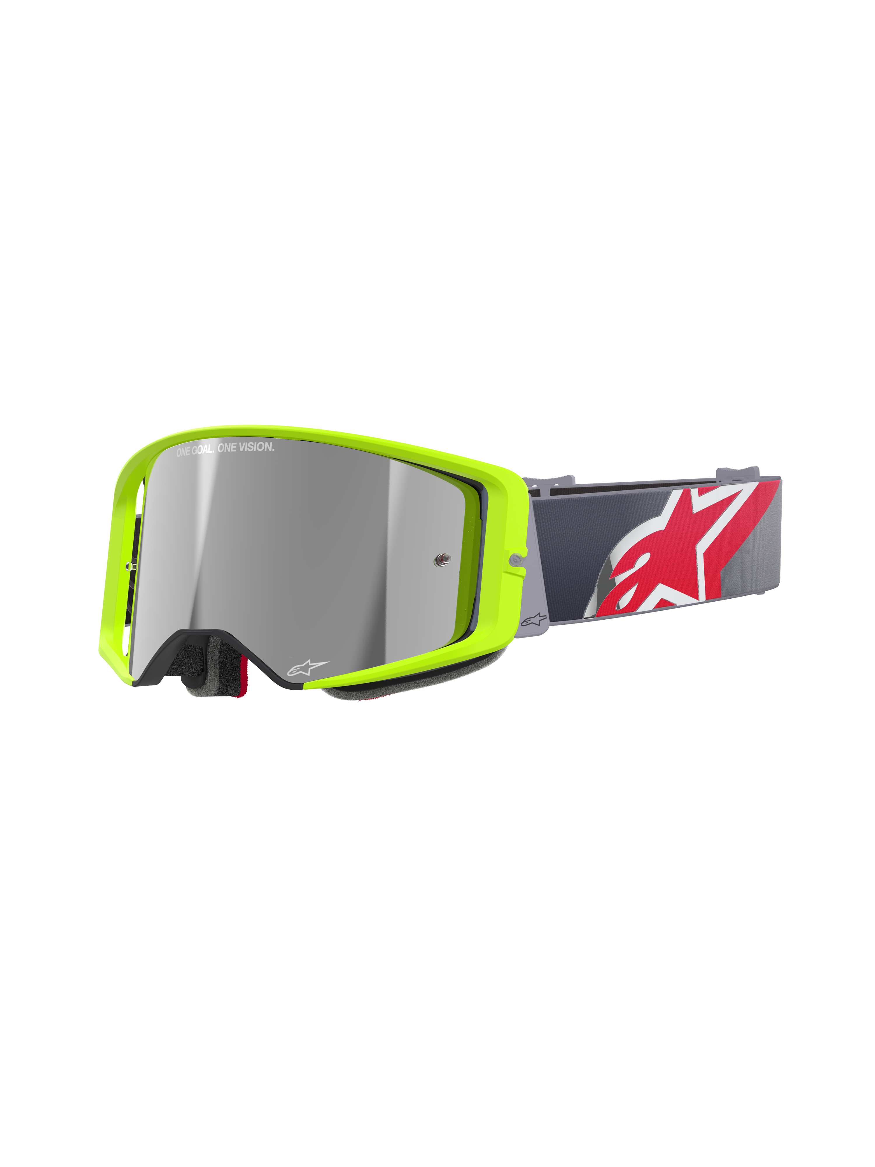 Alpinestars Supertech Corp Goggles Absolute Vision, gogle motocrossowe MX, jaskrawa neonowo-żółta ramka ze srebrną lustrzaną soczewką, szary pasek z dużym czerwono-białym logo gwiazdy, z napisem „ONE GOAL. ONE VISION.” na soczewce, wytrzymała konstrukcja do wyścigów off-road