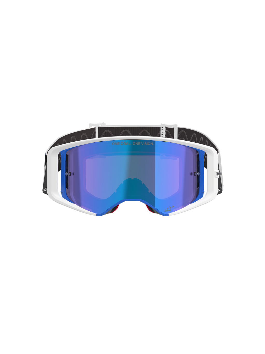Alpinestars Supertech Corp Goggles Absolute Vision, gogle motocrossowe, biało-niebieska oprawka z niebieską lustrzaną soczewką, z napisem „ONE GOAL. ONE VISION.” na soczewce, czarno-biały regulowany pasek, wysokiej klasy gogle do jazdy terenowej