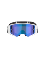 Alpinestars Supertech Corp Goggles Absolute Vision, gogle motocrossowe, biało-niebieska oprawka z niebieską lustrzaną soczewką, z napisem „ONE GOAL. ONE VISION.” na soczewce, czarno-biały regulowany pasek, wysokiej klasy gogle do jazdy terenowej