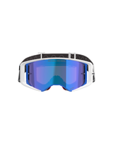 Alpinestars Supertech Corp Goggles Absolute Vision, gogle motocrossowe, biało-niebieska oprawka z niebieską lustrzaną soczewką, z napisem „ONE GOAL. ONE VISION.” na soczewce, czarno-biały regulowany pasek, wysokiej klasy gogle do jazdy terenowej