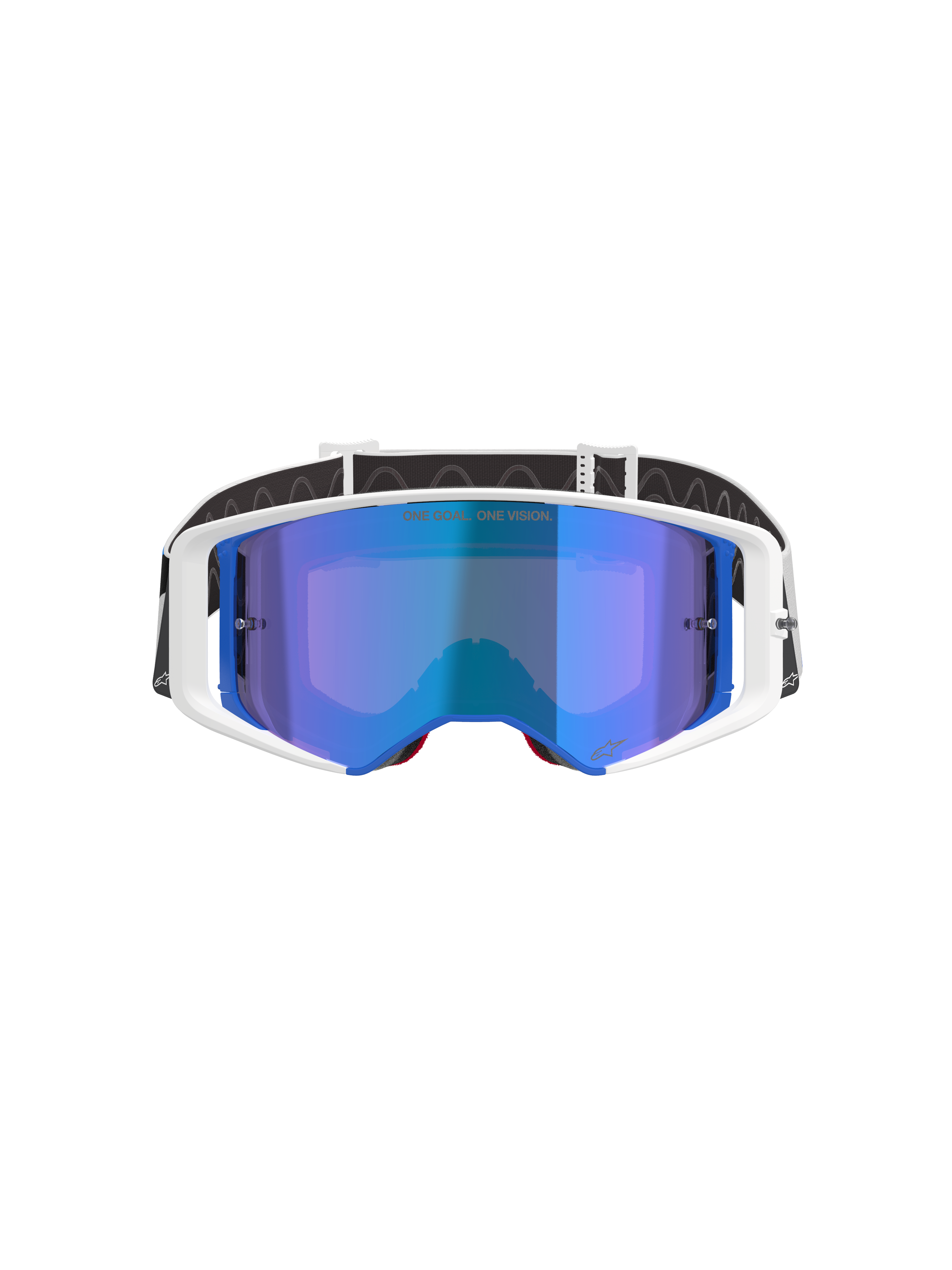 Alpinestars Supertech Corp Goggles Absolute Vision, gogle motocrossowe, biało-niebieska oprawka z niebieską lustrzaną soczewką, z napisem „ONE GOAL. ONE VISION.” na soczewce, czarno-biały regulowany pasek, wysokiej klasy gogle do jazdy terenowej