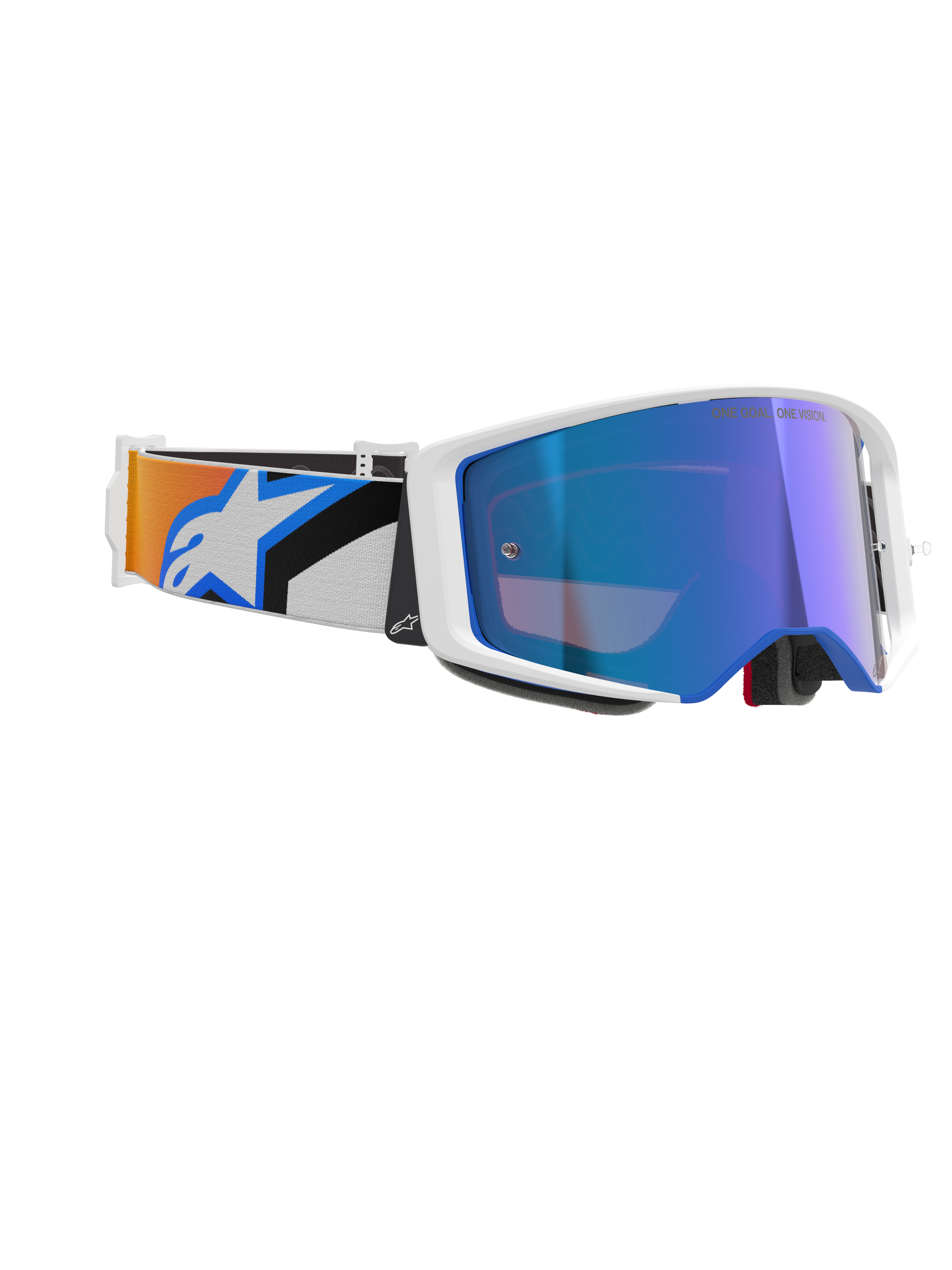 Alpinestars Supertech Corp Goggles Absolute Vision, gogle motocrossowe, biała oprawka z niebieską lustrzaną soczewką, regulowany pasek z niebiesko-pomarańczową grafiką i logo Alpinestars, profesjonalne gogle do jazdy terenowej