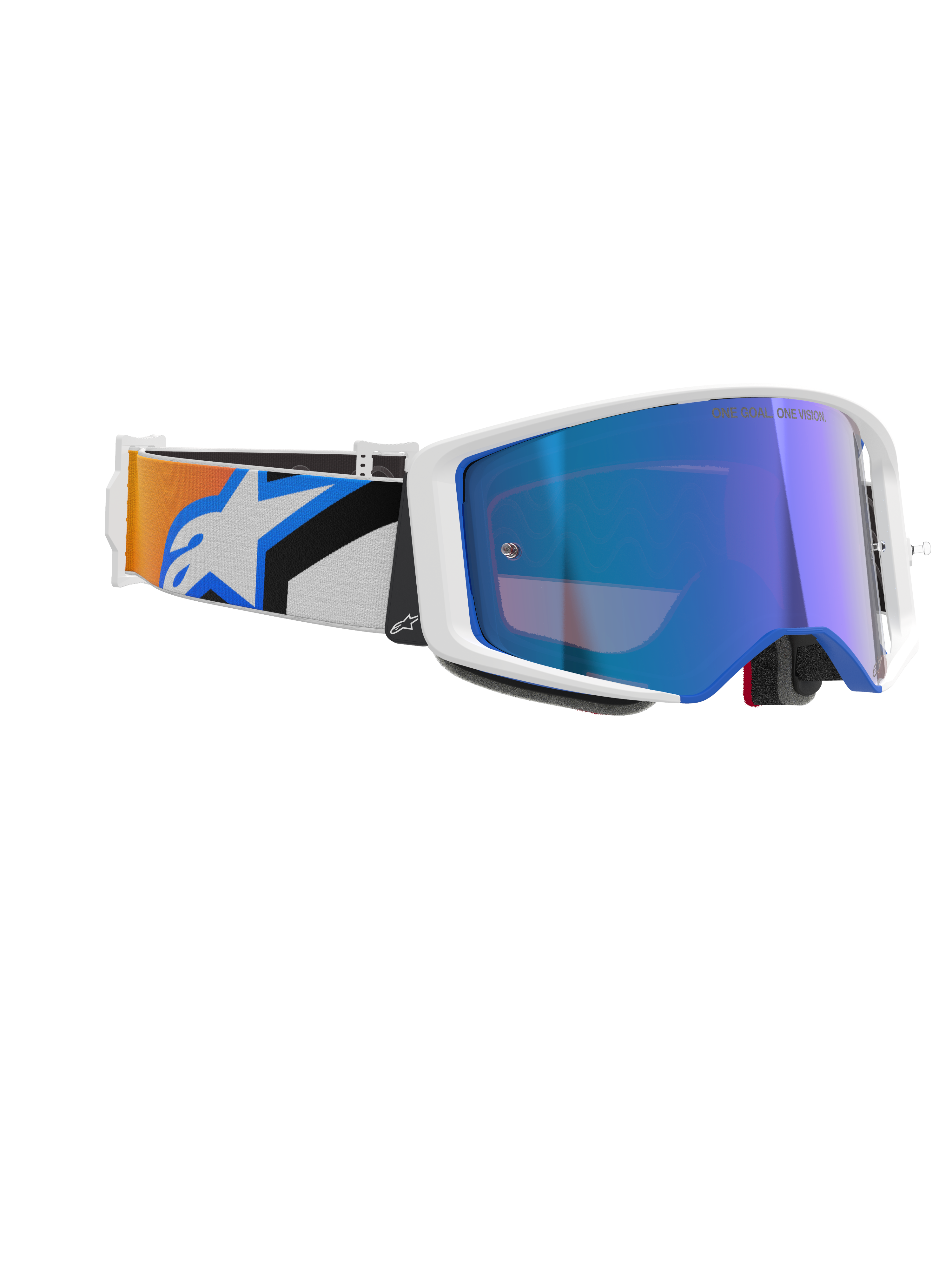 Alpinestars Supertech Corp Goggles Absolute Vision, gogle motocrossowe, biała oprawka z niebieską lustrzaną soczewką, regulowany pasek z niebiesko-pomarańczową grafiką i logo Alpinestars, profesjonalne gogle do jazdy terenowej
