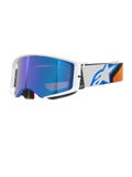 Gogle Alpinestars Supertech Corp Absolute Vision, gogle motocrossowe, niebieskie i pomarańczowe z lustrzaną niebieską soczewką, biało-niebieska ramka, szeroki biały pasek z wyraźnym niebieskim logo gwiazdy i pomarańczowymi akcentami, wysokiej klasy ochrona oczu do jazdy terenowej