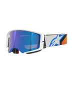 Gogle Alpinestars Supertech Corp Absolute Vision, gogle motocrossowe, niebieskie i pomarańczowe z lustrzaną niebieską soczewką, biało-niebieska ramka, szeroki biały pasek z wyraźnym niebieskim logo gwiazdy i pomarańczowymi akcentami, wysokiej klasy ochrona oczu do jazdy terenowej