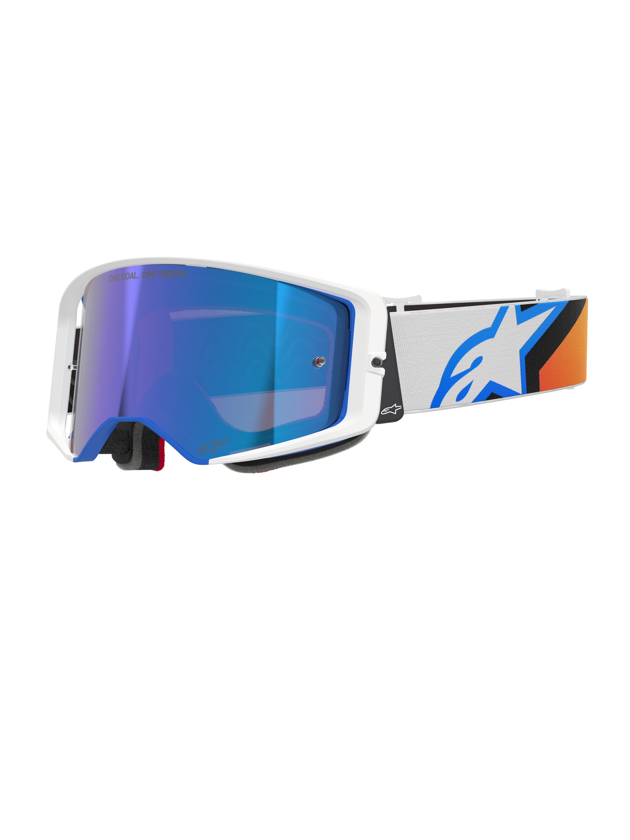 Gogle Alpinestars Supertech Corp Absolute Vision, gogle motocrossowe, niebieskie i pomarańczowe z lustrzaną niebieską soczewką, biało-niebieska ramka, szeroki biały pasek z wyraźnym niebieskim logo gwiazdy i pomarańczowymi akcentami, wysokiej klasy ochrona oczu do jazdy terenowej