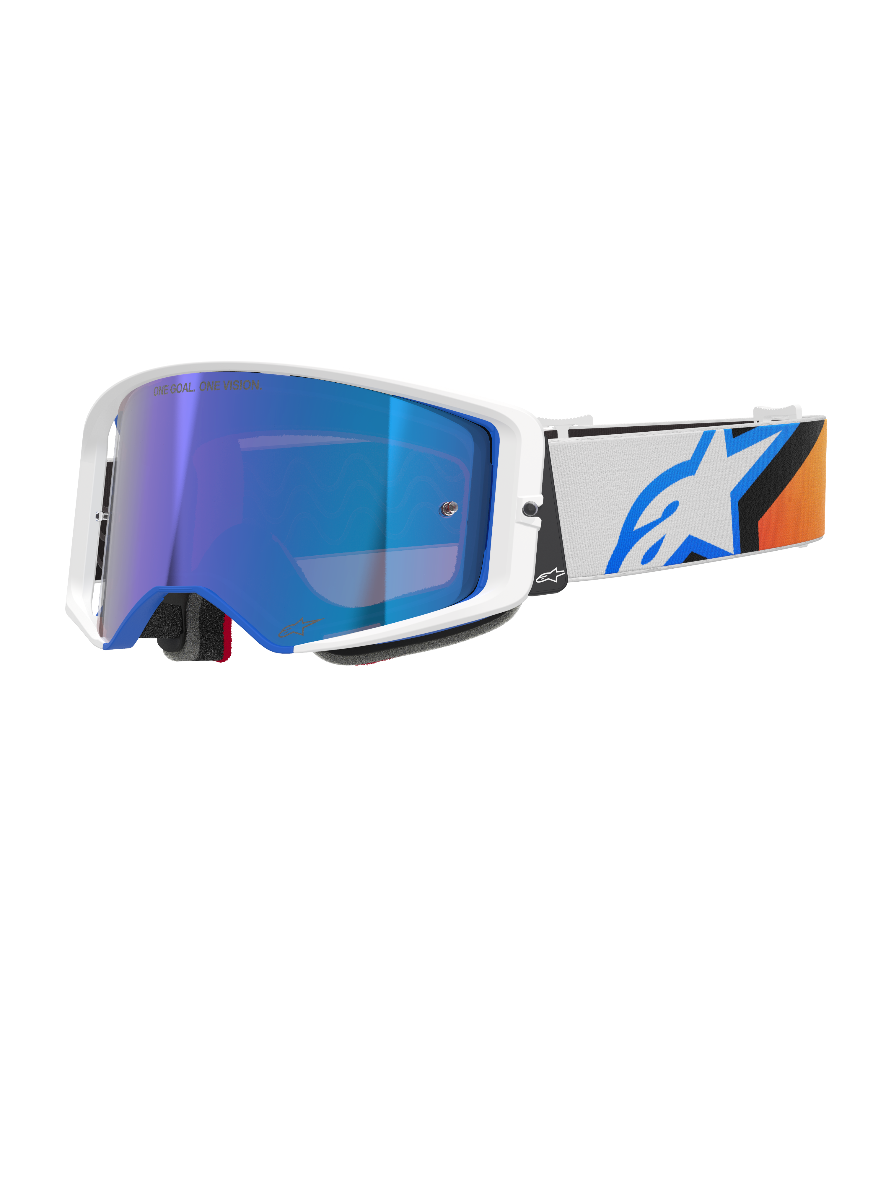 Gogle Alpinestars Supertech Corp Absolute Vision, gogle motocrossowe, niebieskie i pomarańczowe z lustrzaną niebieską soczewką, biało-niebieska ramka, szeroki biały pasek z wyraźnym niebieskim logo gwiazdy i pomarańczowymi akcentami, wysokiej klasy ochrona oczu do jazdy terenowej