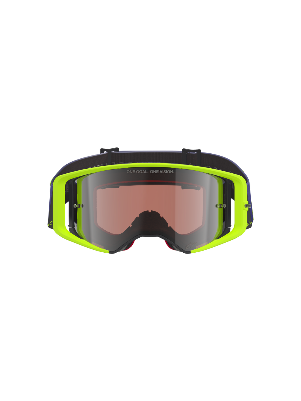 Alpinestars Supertech Vision Corp Goggles, gogle motocrossowe, neonowa żółta oprawka z fioletowym paskiem, srebrna lustrzana soczewka z napisem „ONE GOAL. ONE VISION.”, profesjonalna ochrona oczu do wyścigów terenowych