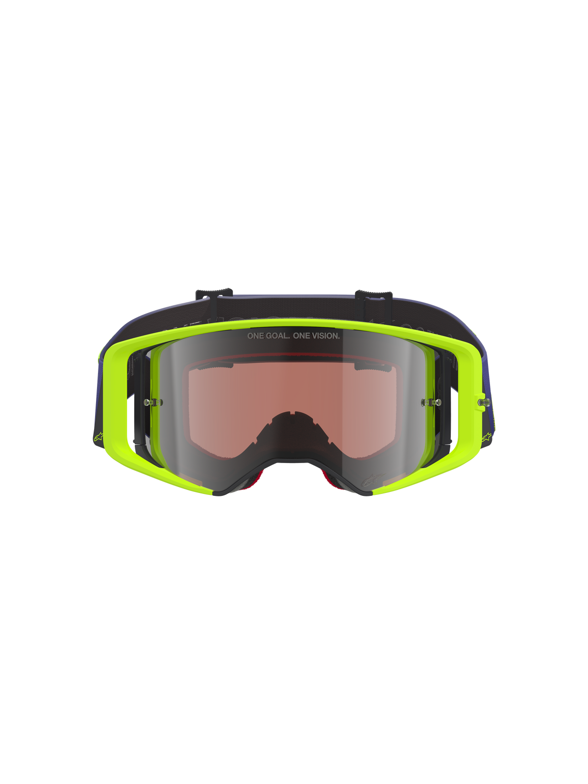 Alpinestars Supertech Vision Corp Goggles, gogle motocrossowe, neonowa żółta oprawka z fioletowym paskiem, srebrna lustrzana soczewka z napisem „ONE GOAL. ONE VISION.”, profesjonalna ochrona oczu do wyścigów terenowych
