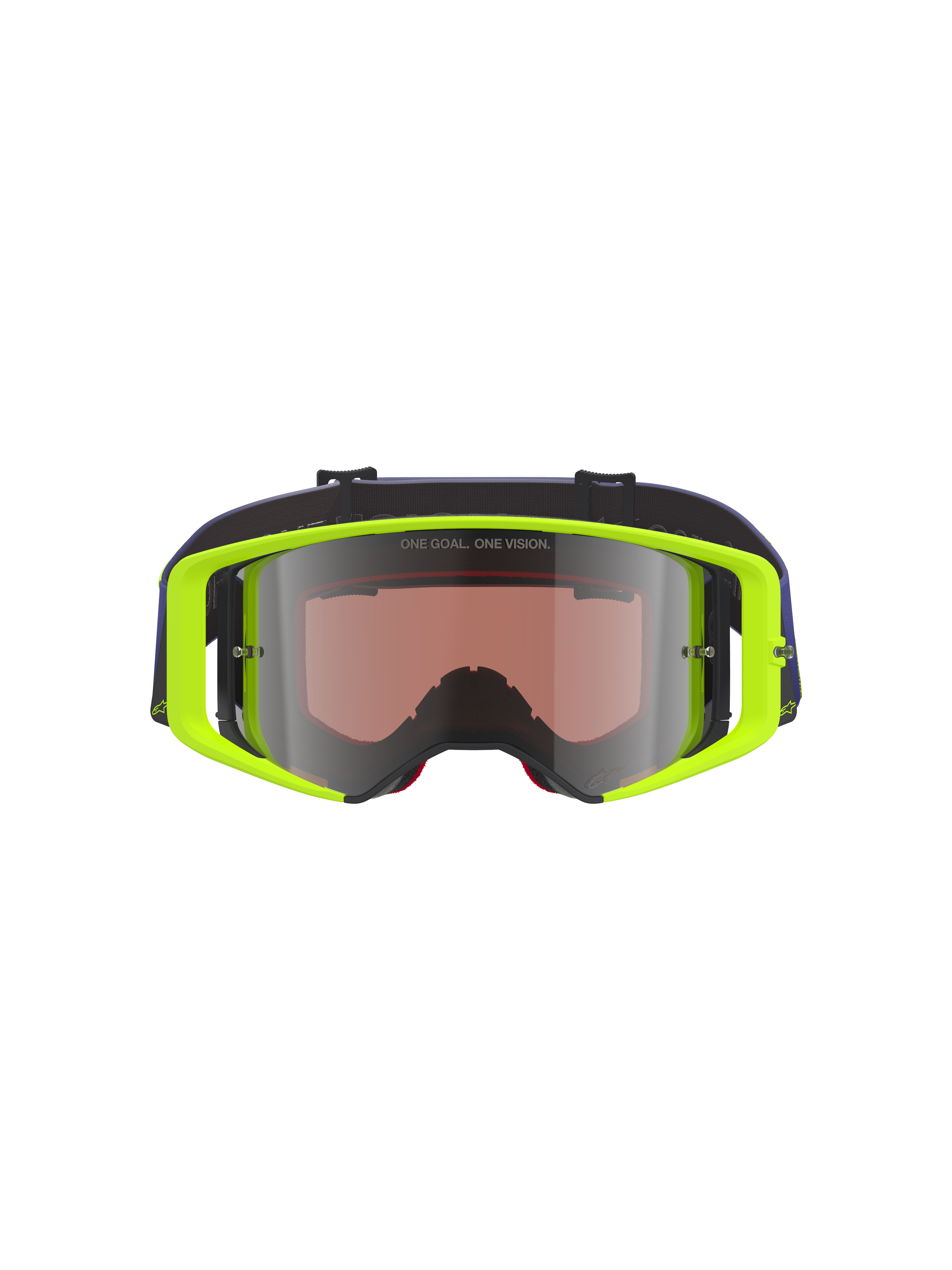 Alpinestars Supertech Vision Corp Goggles, gogle motocrossowe, neonowa żółta oprawka z fioletowym paskiem, srebrna lustrzana soczewka z napisem „ONE GOAL. ONE VISION.”, profesjonalna ochrona oczu do wyścigów terenowych