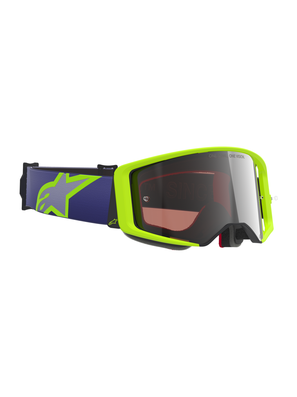 Alpinestars Supertech Vision Corp Goggles, gogle motocrossowe, fluorescencyjny żółty i fioletowy, srebrna lustrzana soczewka, fioletowy elastyczny pasek z limonkowo-żółtym logo Astars, specjalistyczna ochrona oczu do jazdy terenowej i wyścigów motocrossowych