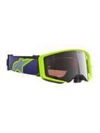 Alpinestars Supertech Vision Corp Goggles, gogle motocrossowe, fluorescencyjny żółty i fioletowy, srebrna lustrzana soczewka, fioletowy elastyczny pasek z limonkowo-żółtym logo Astars, specjalistyczna ochrona oczu do jazdy terenowej i wyścigów motocrossowych