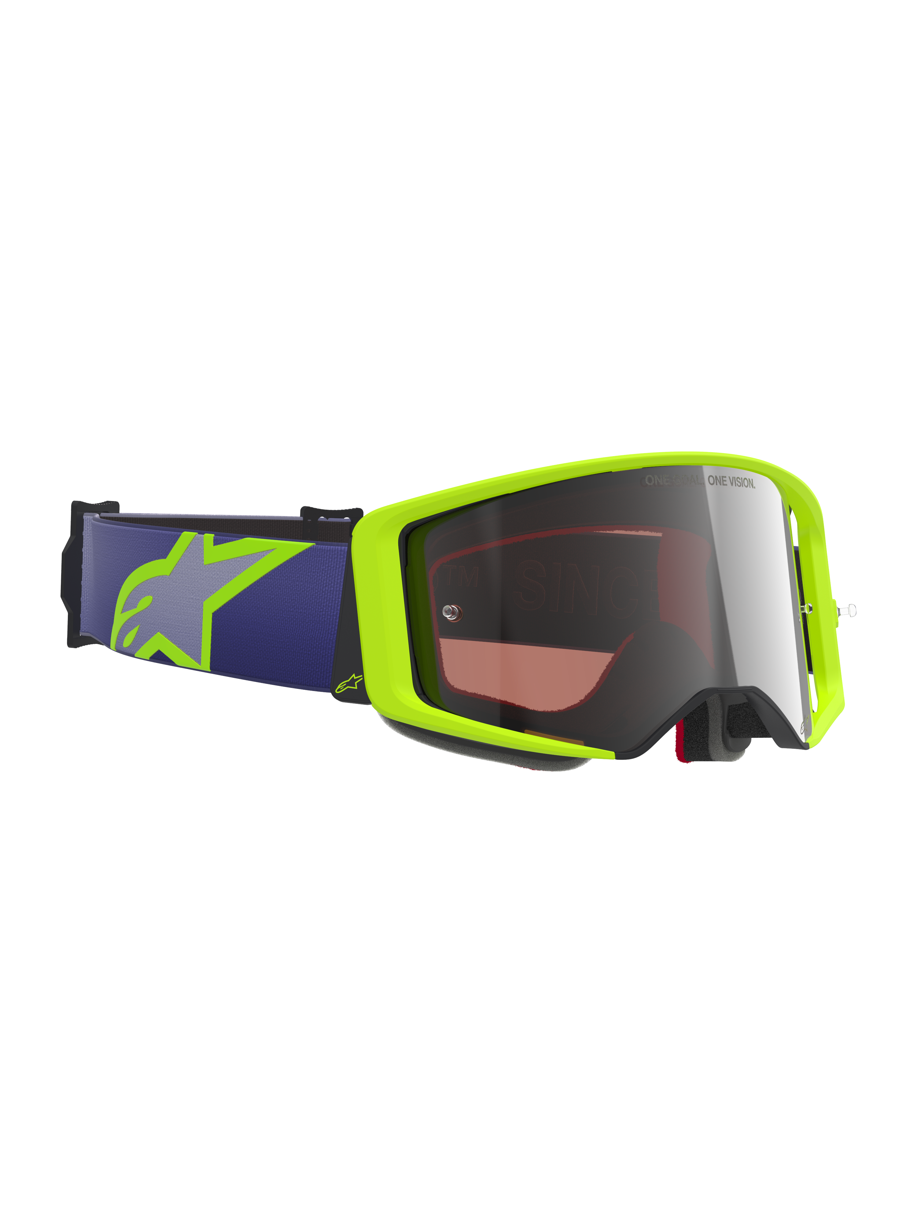 Alpinestars Supertech Vision Corp Goggles, gogle motocrossowe, fluorescencyjny żółty i fioletowy, srebrna lustrzana soczewka, fioletowy elastyczny pasek z limonkowo-żółtym logo Astars, specjalistyczna ochrona oczu do jazdy terenowej i wyścigów motocrossowych