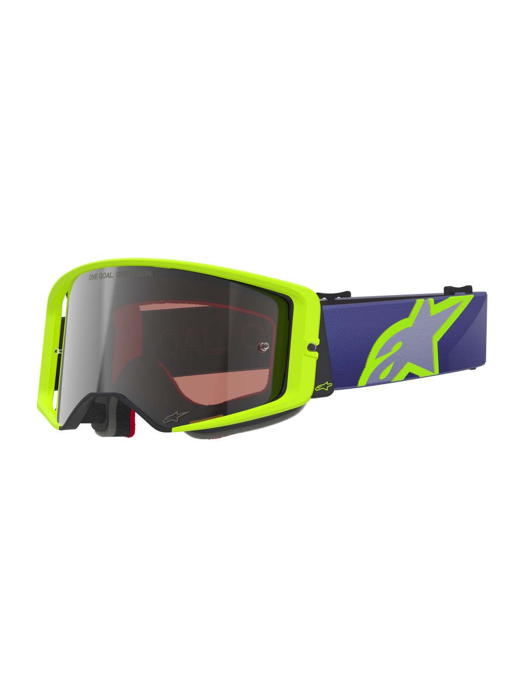 Gogle Alpinestars Supertech Vision Corp, gogle motocrossowe off-road, neonowo-żółte i fioletowe, srebrna lustrzana soczewka z napisem „One Goal One Vision”, fioletowy pasek z dużym neonowo-żółtym logo gwiazdy, czarna piankowa wyściółka, wytrzymała zakrzywiona konstrukcja soczewki