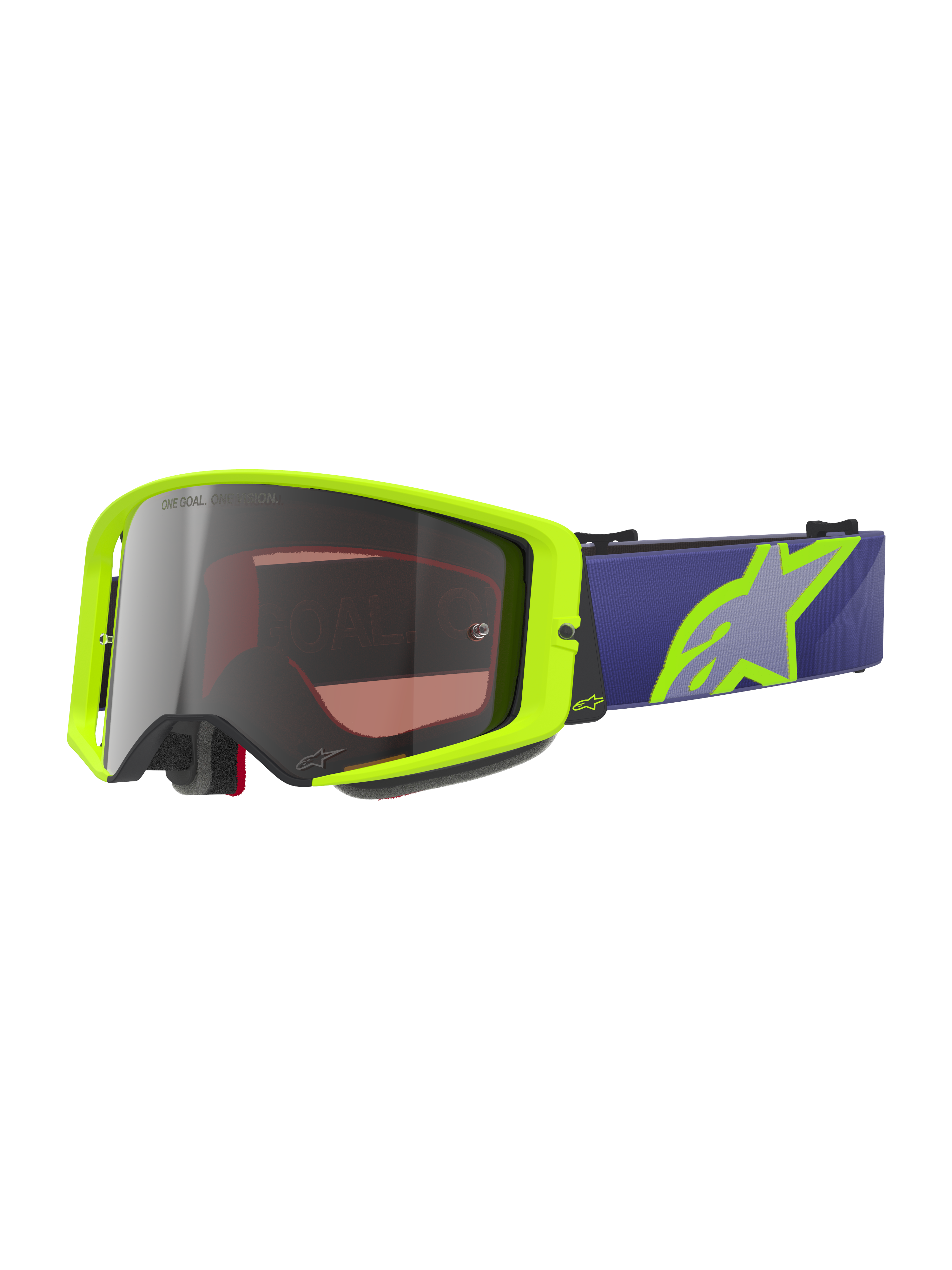 Gogle Alpinestars Supertech Vision Corp, gogle motocrossowe off-road, neonowo-żółte i fioletowe, srebrna lustrzana soczewka z napisem „One Goal One Vision”, fioletowy pasek z dużym neonowo-żółtym logo gwiazdy, czarna piankowa wyściółka, wytrzymała zakrzywiona konstrukcja soczewki