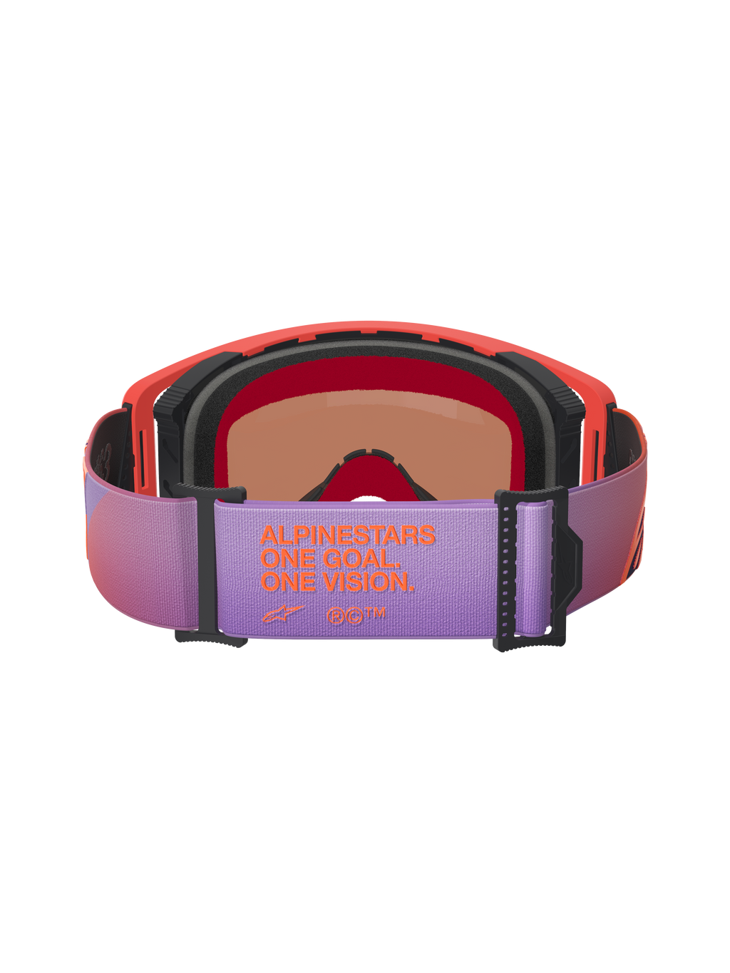 Alpinestars Supertech Vision Corp Goggles, gogle motocrossowe, widok z tyłu z fioletowym regulowanym paskiem z pomarańczowym brandingiem „ALPINESTARS ONE GOAL ONE VISION”, ramka w kolorze hot coral z czarną pianką, wysokiej jakości gogle do wyścigów off-road