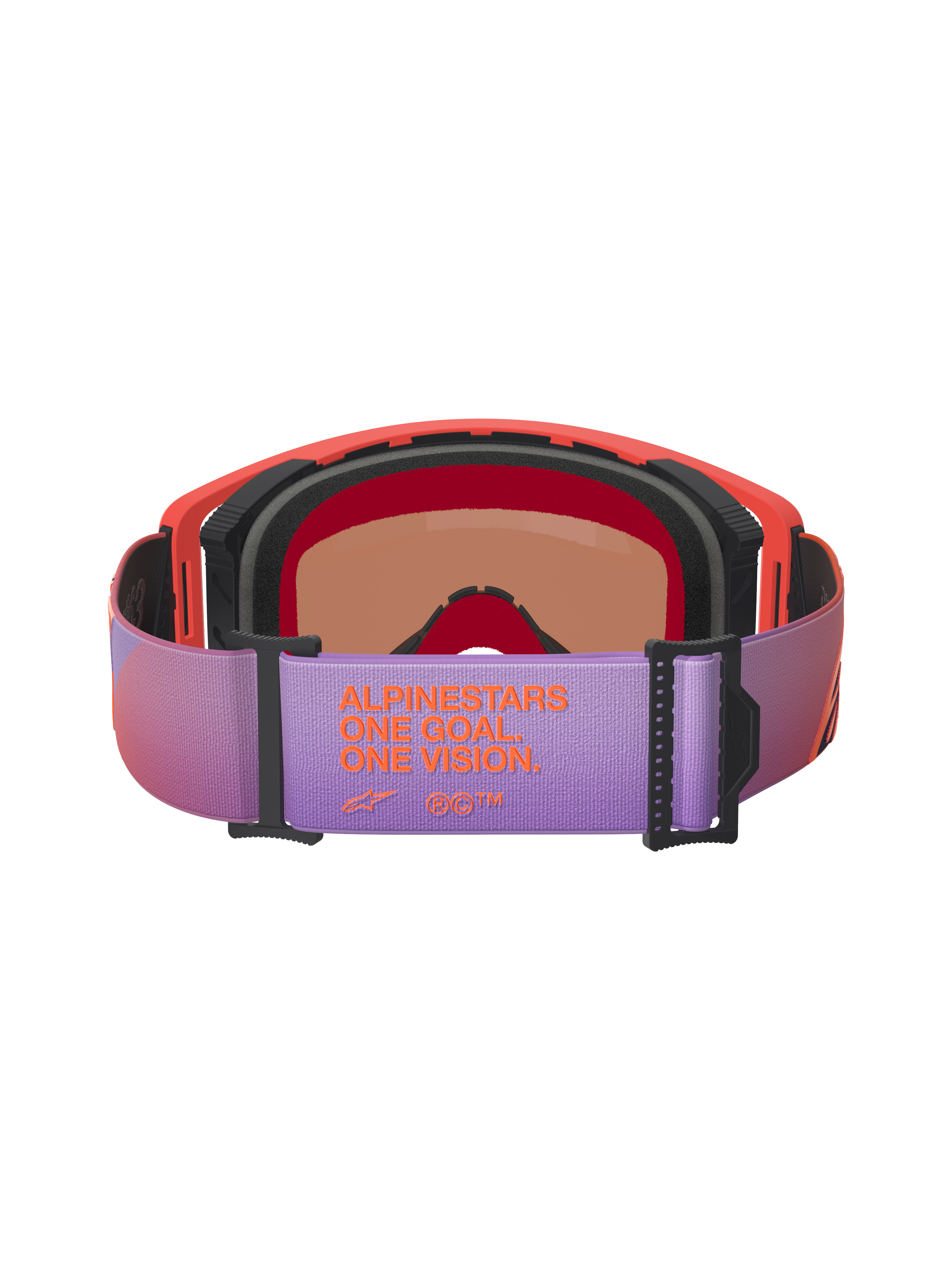 Alpinestars Supertech Vision Corp Goggles, gogle motocrossowe, widok z tyłu z fioletowym regulowanym paskiem z pomarańczowym brandingiem „ALPINESTARS ONE GOAL ONE VISION”, ramka w kolorze hot coral z czarną pianką, wysokiej jakości gogle do wyścigów off-road