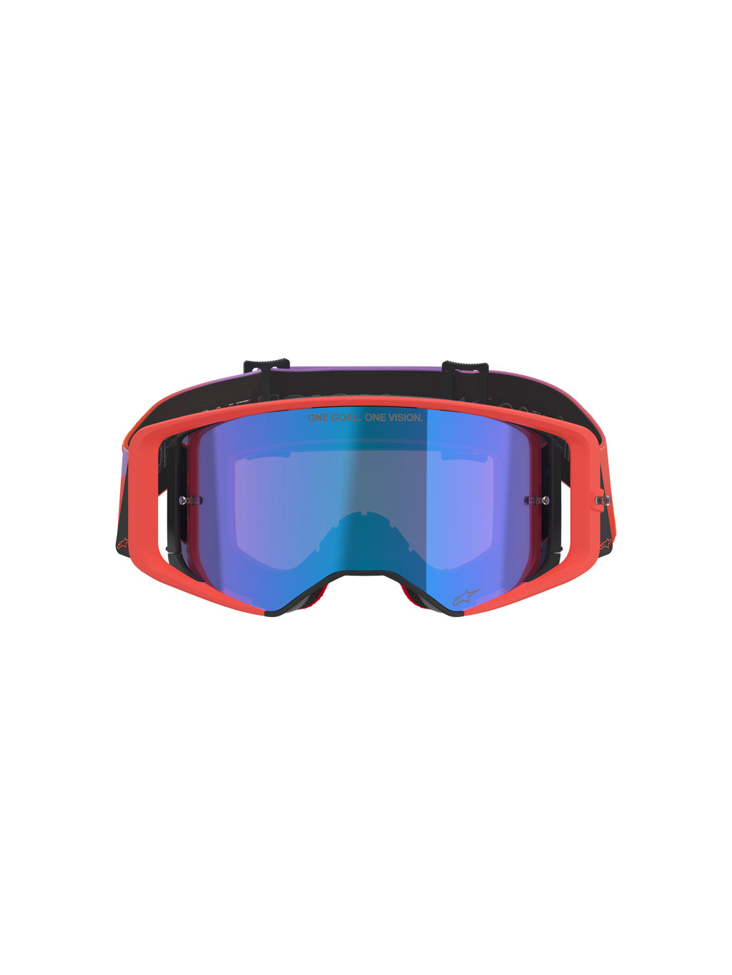 Gogle Alpinestars Supertech Vision Corp, gogle motocrossowe, oprawka w kolorze Hot Coral z lustrzaną niebieską szybką, fioletowo-pomarańczowy pasek z gradientem, napis „ONE GOAL. ONE VISION.”, profesjonalna ochrona oczu do jazdy off-road