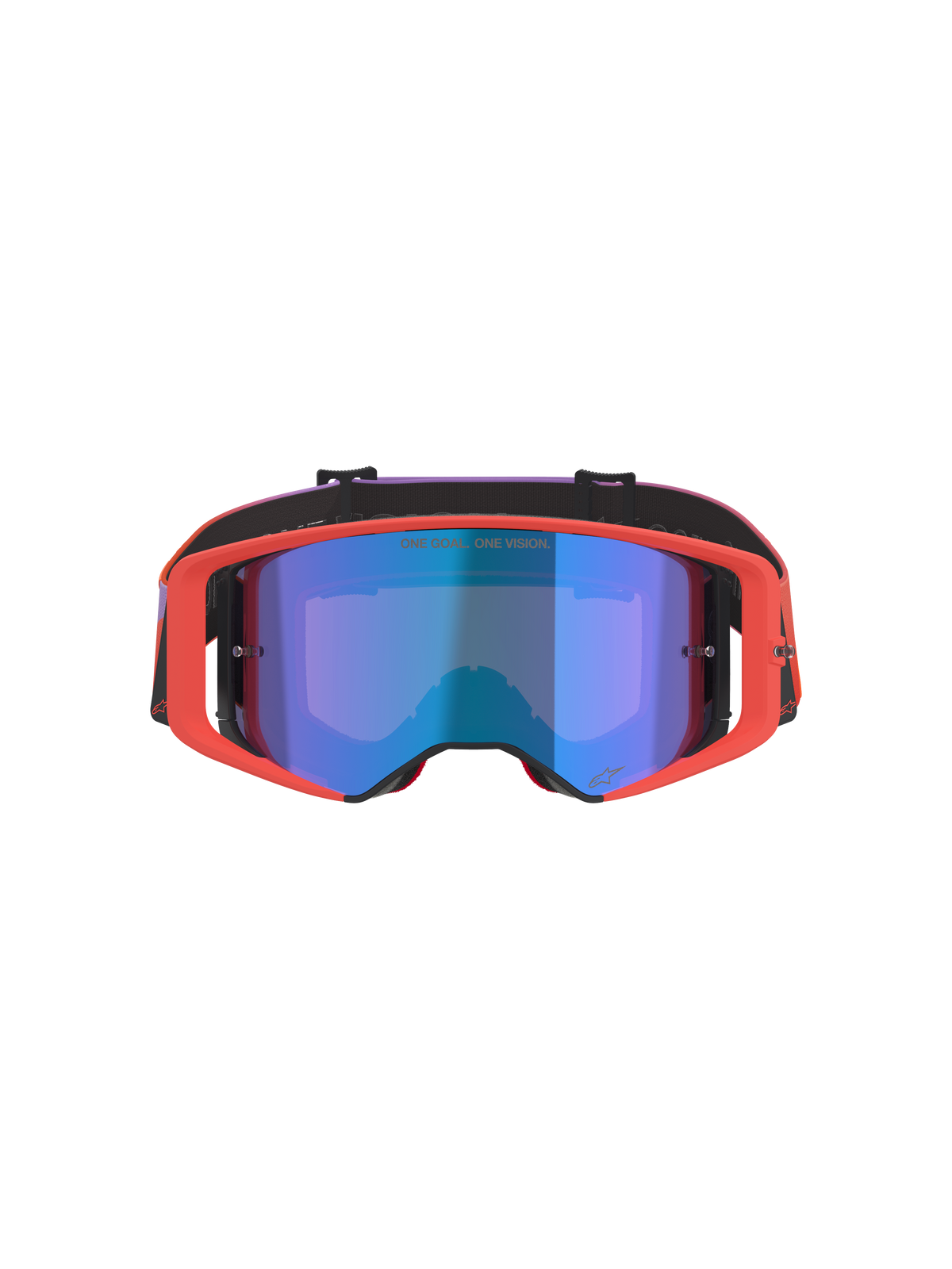 Gogle Alpinestars Supertech Vision Corp, gogle motocrossowe, oprawka w kolorze Hot Coral z lustrzaną niebieską szybką, fioletowo-pomarańczowy pasek z gradientem, napis „ONE GOAL. ONE VISION.”, profesjonalna ochrona oczu do jazdy off-road