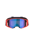 Gogle Alpinestars Supertech Vision Corp, gogle motocrossowe, oprawka w kolorze Hot Coral z lustrzaną niebieską szybką, fioletowo-pomarańczowy pasek z gradientem, napis „ONE GOAL. ONE VISION.”, profesjonalna ochrona oczu do jazdy off-road