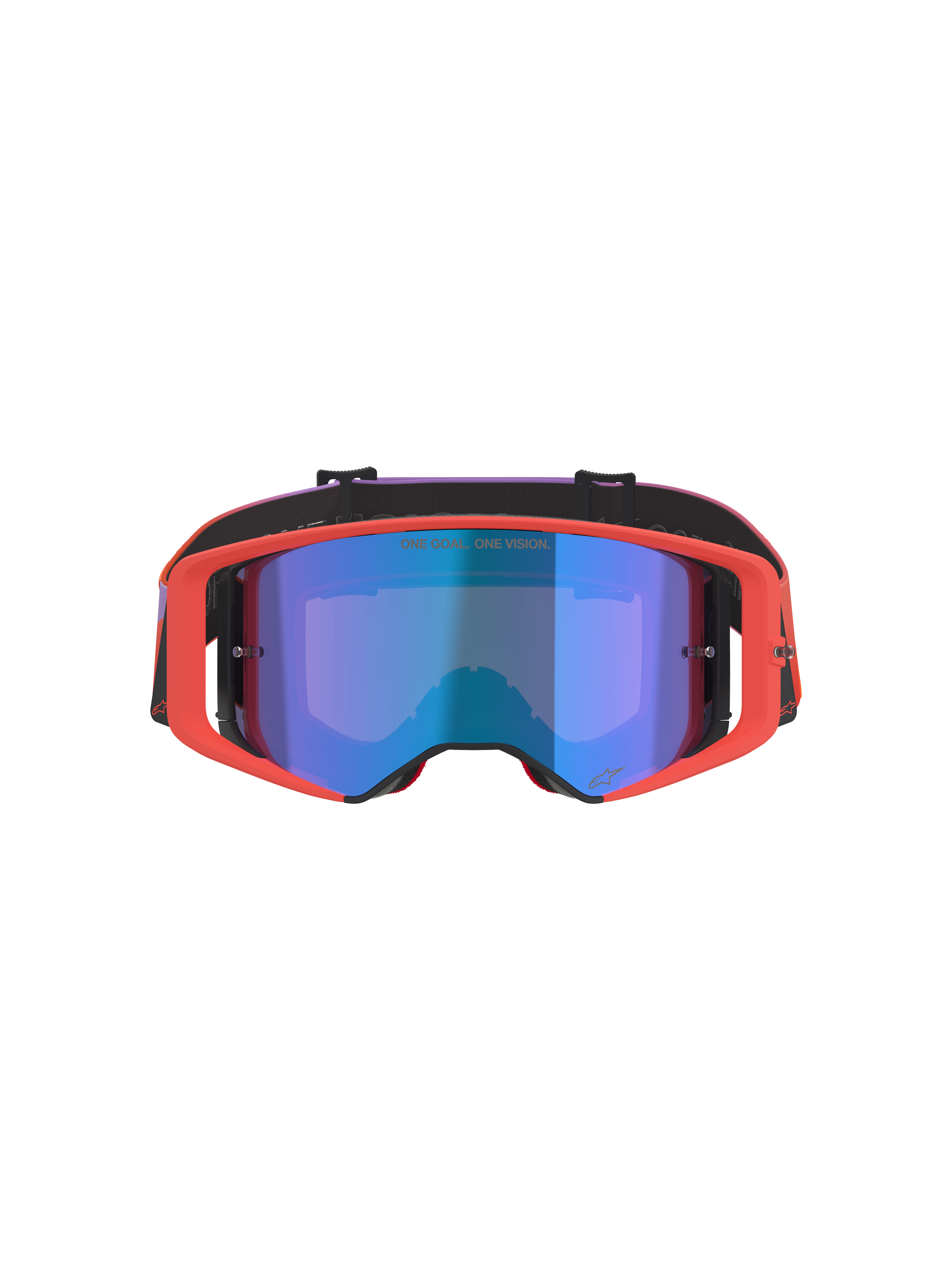Gogle Alpinestars Supertech Vision Corp, gogle motocrossowe, oprawka w kolorze Hot Coral z lustrzaną niebieską szybką, fioletowo-pomarańczowy pasek z gradientem, napis „ONE GOAL. ONE VISION.”, profesjonalna ochrona oczu do jazdy off-road