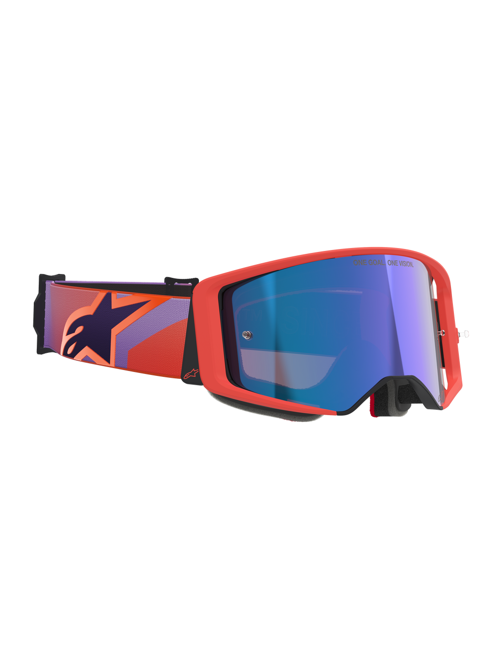 Alpinestars Supertech Vision Corp Goggles, gogle motocrossowe, oprawka w kolorze Hot Coral i niebieska lustrzana soczewka, fioletowo-koralowy wzorzysty pasek z ciemnoniebieskim logo gwiazdy, sprawdzona w mistrzostwach konstrukcja do wyścigów off-road