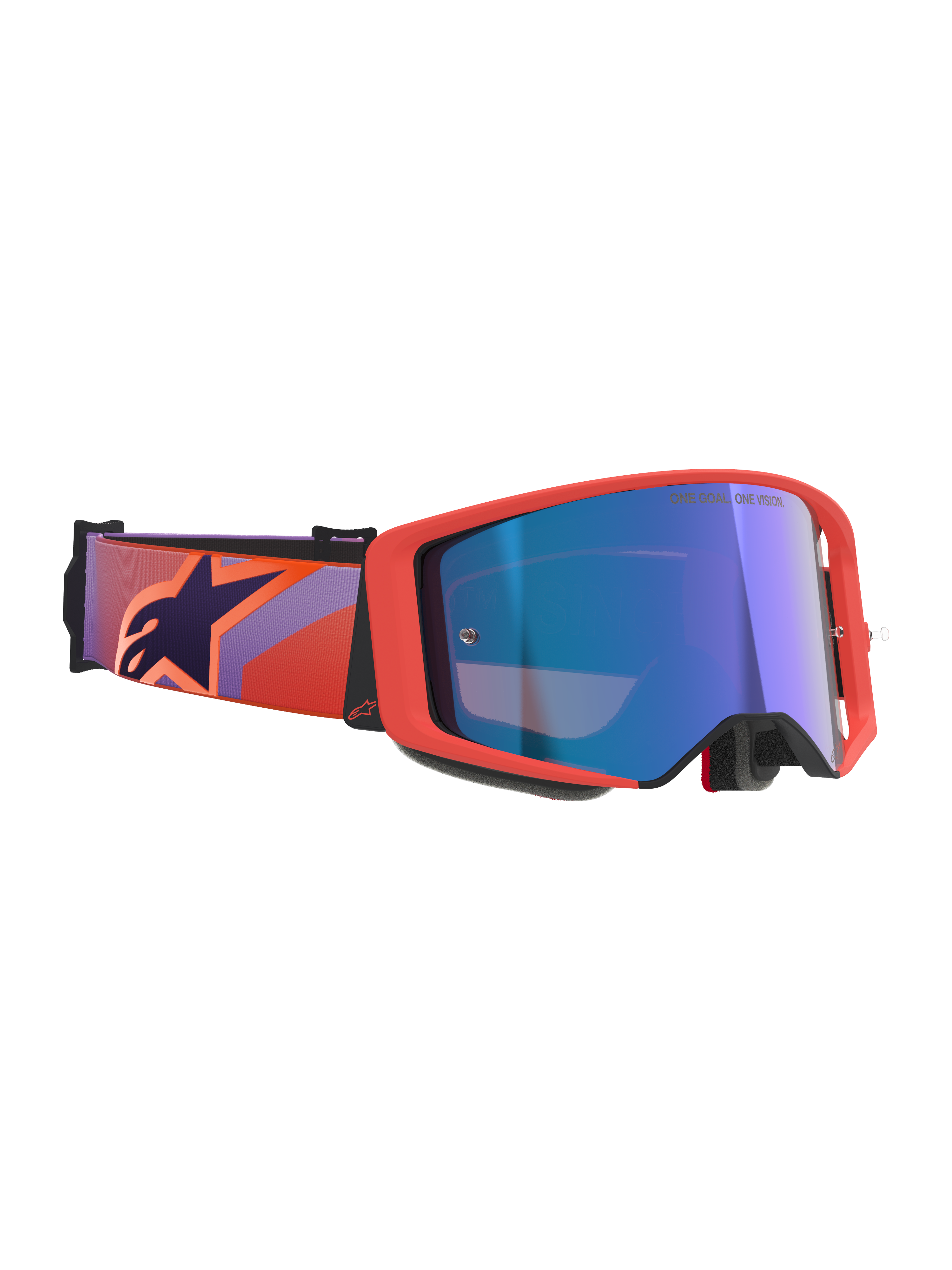 Alpinestars Supertech Vision Corp Goggles, gogle motocrossowe, oprawka w kolorze Hot Coral i niebieska lustrzana soczewka, fioletowo-koralowy wzorzysty pasek z ciemnoniebieskim logo gwiazdy, sprawdzona w mistrzostwach konstrukcja do wyścigów off-road