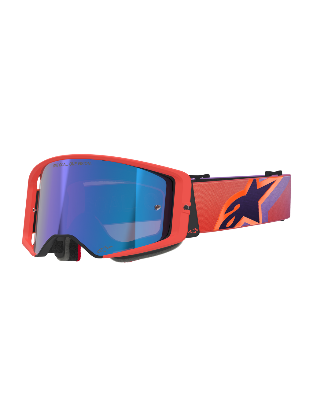 Alpinestars Supertech Vision Corp Goggles, gogle motocrossowe, oprawka w kolorze Hot Coral z niebieską lustrzaną soczewką, fioletowo-pomarańczowy wzorzysty pasek z logo Alpinestars, wysokiej jakości gogle do wyścigów terenowych