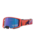 Alpinestars Supertech Vision Corp Goggles, gogle motocrossowe, oprawka w kolorze Hot Coral z niebieską lustrzaną soczewką, fioletowo-pomarańczowy wzorzysty pasek z logo Alpinestars, wysokiej jakości gogle do wyścigów terenowych