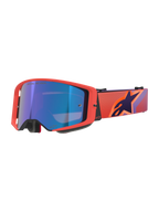 Alpinestars Supertech Vision Corp Goggles, gogle motocrossowe, oprawka w kolorze Hot Coral z niebieską lustrzaną soczewką, fioletowo-pomarańczowy wzorzysty pasek z logo Alpinestars, wysokiej jakości gogle do wyścigów terenowych