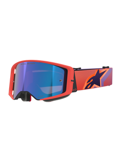 Alpinestars Supertech Vision Corp Goggles, gogle motocrossowe, oprawka w kolorze Hot Coral z niebieską lustrzaną soczewką, fioletowo-pomarańczowy wzorzysty pasek z logo Alpinestars, wysokiej jakości gogle do wyścigów terenowych