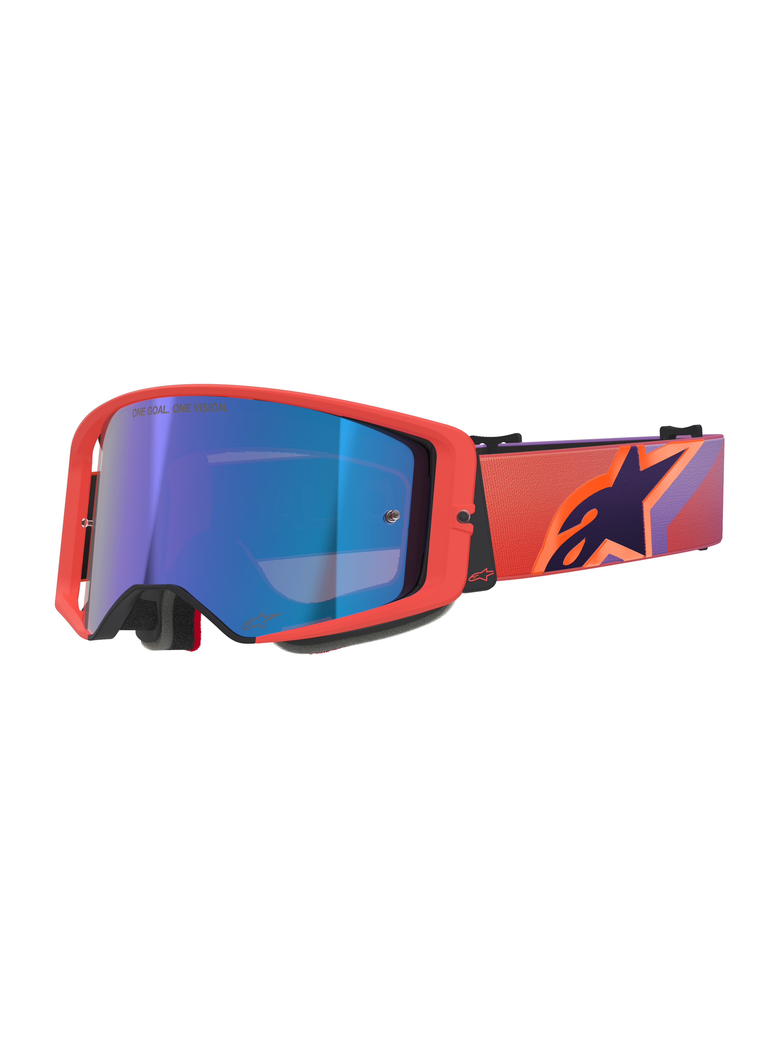 Alpinestars Supertech Vision Corp Goggles, gogle motocrossowe, oprawka w kolorze Hot Coral z niebieską lustrzaną soczewką, fioletowo-pomarańczowy wzorzysty pasek z logo Alpinestars, wysokiej jakości gogle do wyścigów terenowych