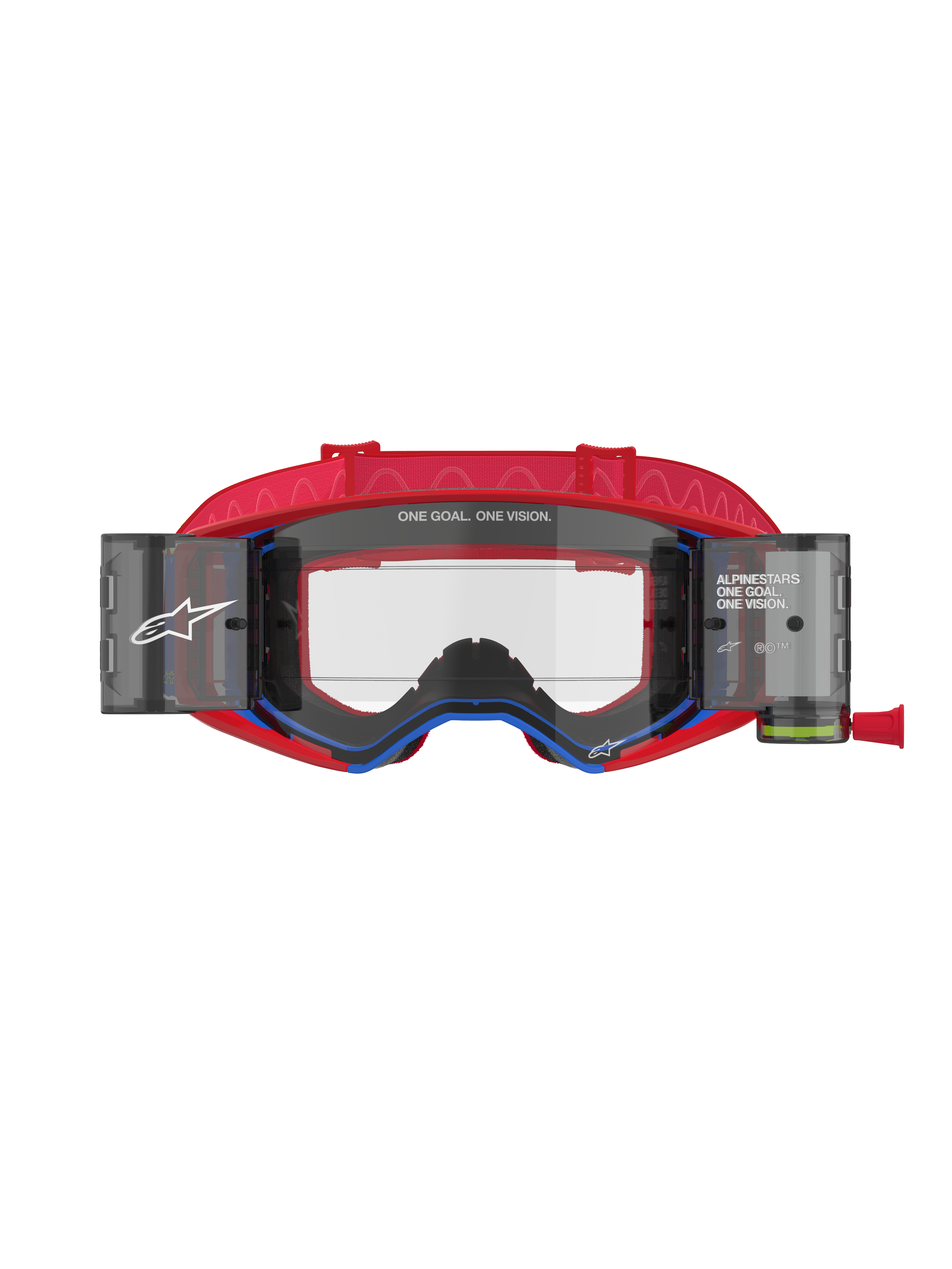 Alpinestars Supertech Corp Goggles Roll Off, gogle motocrossowe, czerwone i niebieskie, przezroczysta soczewka formowana wtryskowo ze zintegrowanymi kanistrami roll-off i folią, czerwony wzorzysty pasek, profesjonalna ochrona oczu do wyścigów off-road