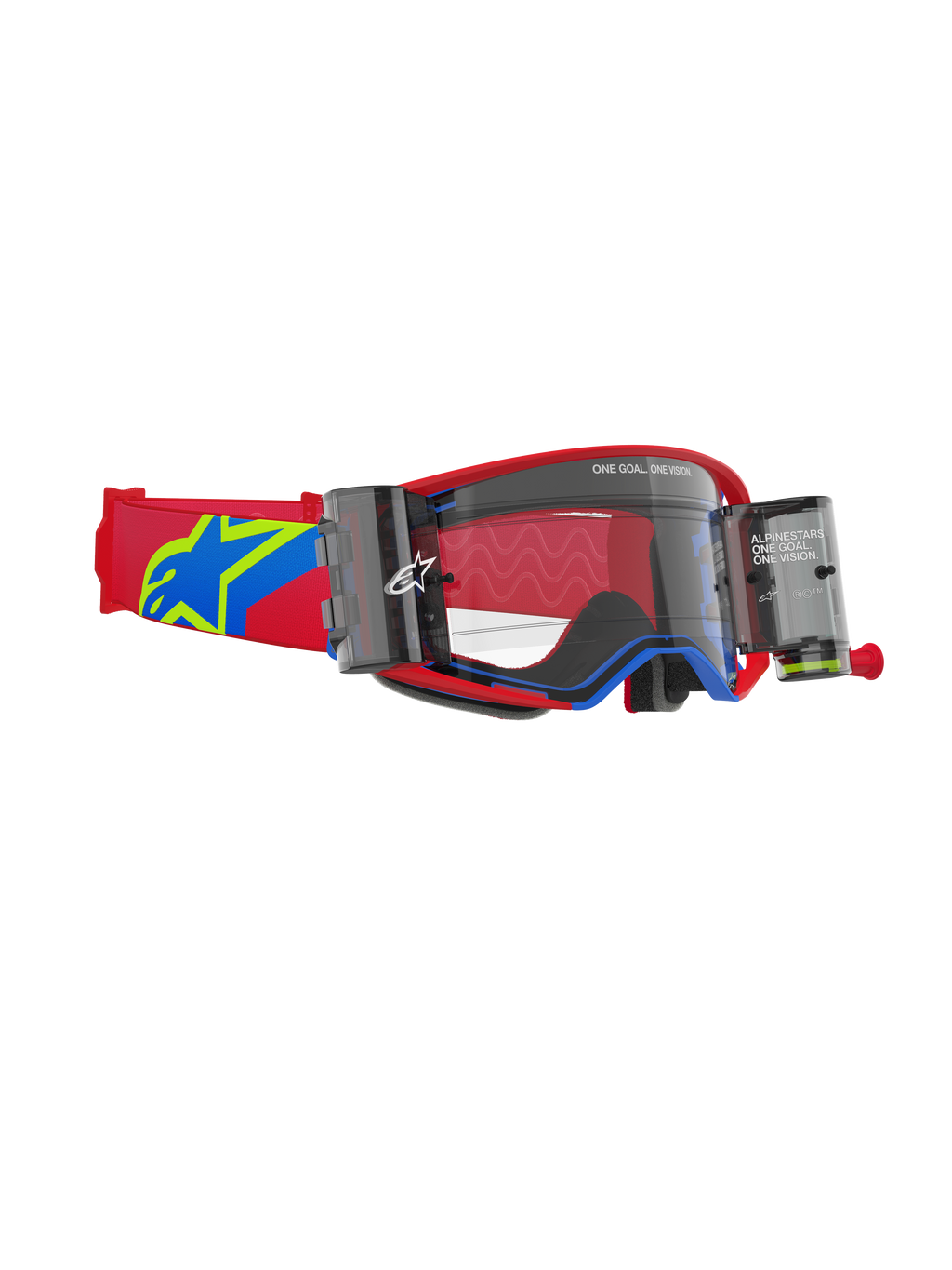 Alpinestars Supertech Corp Goggles Roll Off, gogle motocrossowe, czerwono-niebieska oprawka z przezroczystą soczewką, zintegrowany system Wide Vision Roll-Off z dwoma zasobnikami, czerwony regulowany pasek z niebiesko-żółtym logo gwiazdy, profesjonalna ochrona oczu do wyścigów off-road