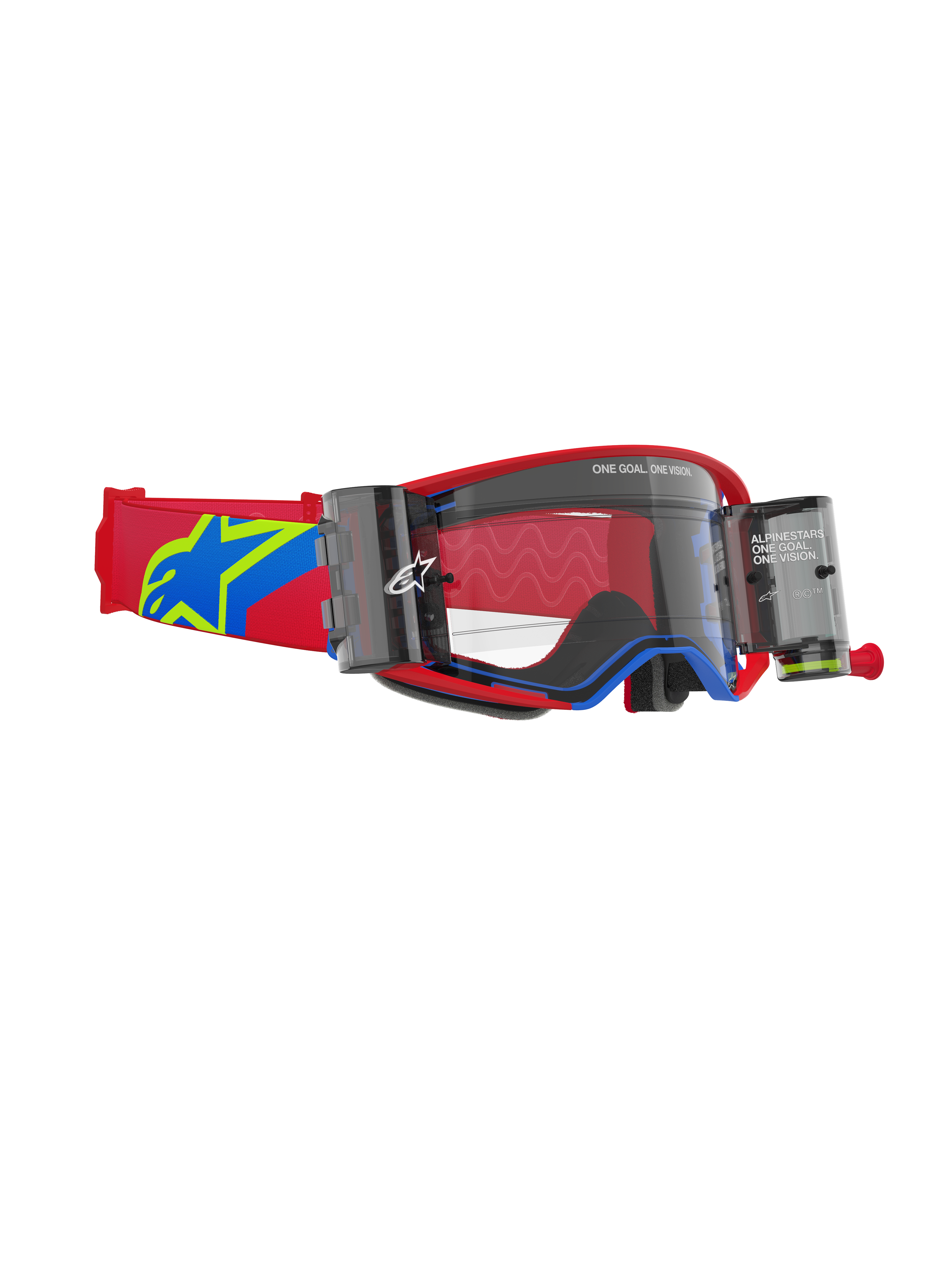 Alpinestars Supertech Corp Goggles Roll Off, gogle motocrossowe, czerwono-niebieska oprawka z przezroczystą soczewką, zintegrowany system Wide Vision Roll-Off z dwoma zasobnikami, czerwony regulowany pasek z niebiesko-żółtym logo gwiazdy, profesjonalna ochrona oczu do wyścigów off-road