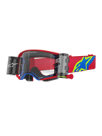 Alpinestars Supertech Corp Goggles Roll Off, gogle motocrossowe, czerwono-niebieskie z przezroczystą soczewką, wyposażone w zintegrowany system Wide Vision Roll-Off, wtryskiwana przezroczysta soczewka, czerwona oprawka z niebieskimi akcentami, szeroki czerwony pasek z niebiesko-żółtym logo gwiazdy, profesjonalna ochrona oczu do wyścigów off-road