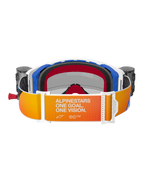 Alpinestars Supertech Corp Goggles Roll Off, rear view, orange and yellow gradient strap featuring white 'Alpinestars One Goal. One Vision.' text, blue and white frame components with black 3D molded face foam, integrated roll-off system canisters visible on sides