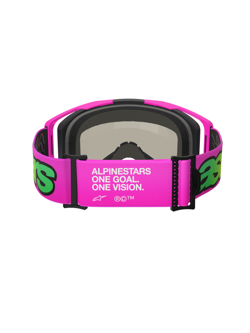 Alpinestars Vision 8 Vista Goggles, gogle motocrossowe, różowe i żółte fluo, widok z tyłu na szeroki regulowany pasek z białym brandingiem „One Goal. One Vision.”, różowa oprawka z czarną pianką, wysokiej klasy gogle terenowe