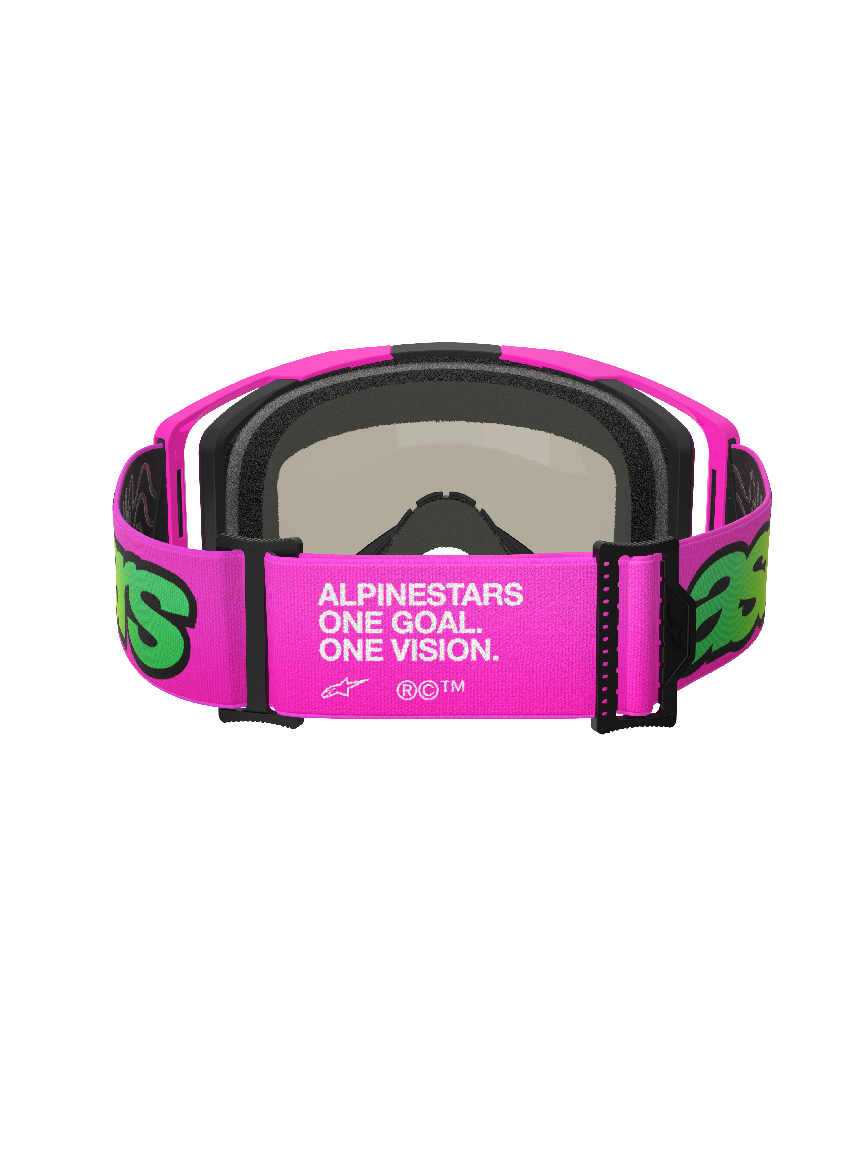 Alpinestars Vision 8 Vista Goggles, gogle motocrossowe, różowe i żółte fluo, widok z tyłu na szeroki regulowany pasek z białym brandingiem „One Goal. One Vision.”, różowa oprawka z czarną pianką, wysokiej klasy gogle terenowe
