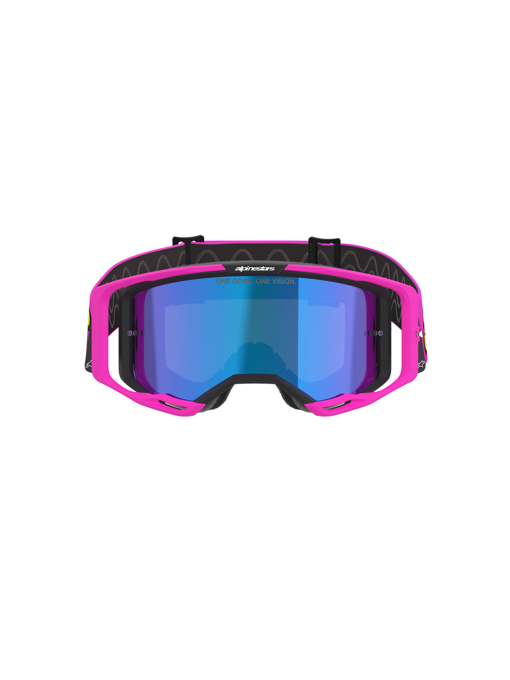 Gogle Alpinestars Vision 8 Vista, gogle motocrossowe, różowy fluo i żółty fluo z niebieską lustrzaną szybką, jaskraworóżowa oprawka, lustrzana niebieska soczewka, czarny pasek z napisem „ONE GOAL. ONE VISION.”, profesjonalne gogle do wyścigów terenowych