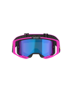 Gogle Alpinestars Vision 8 Vista, gogle motocrossowe, różowy fluo i żółty fluo z niebieską lustrzaną szybką, jaskraworóżowa oprawka, lustrzana niebieska soczewka, czarny pasek z napisem „ONE GOAL. ONE VISION.”, profesjonalne gogle do wyścigów terenowych