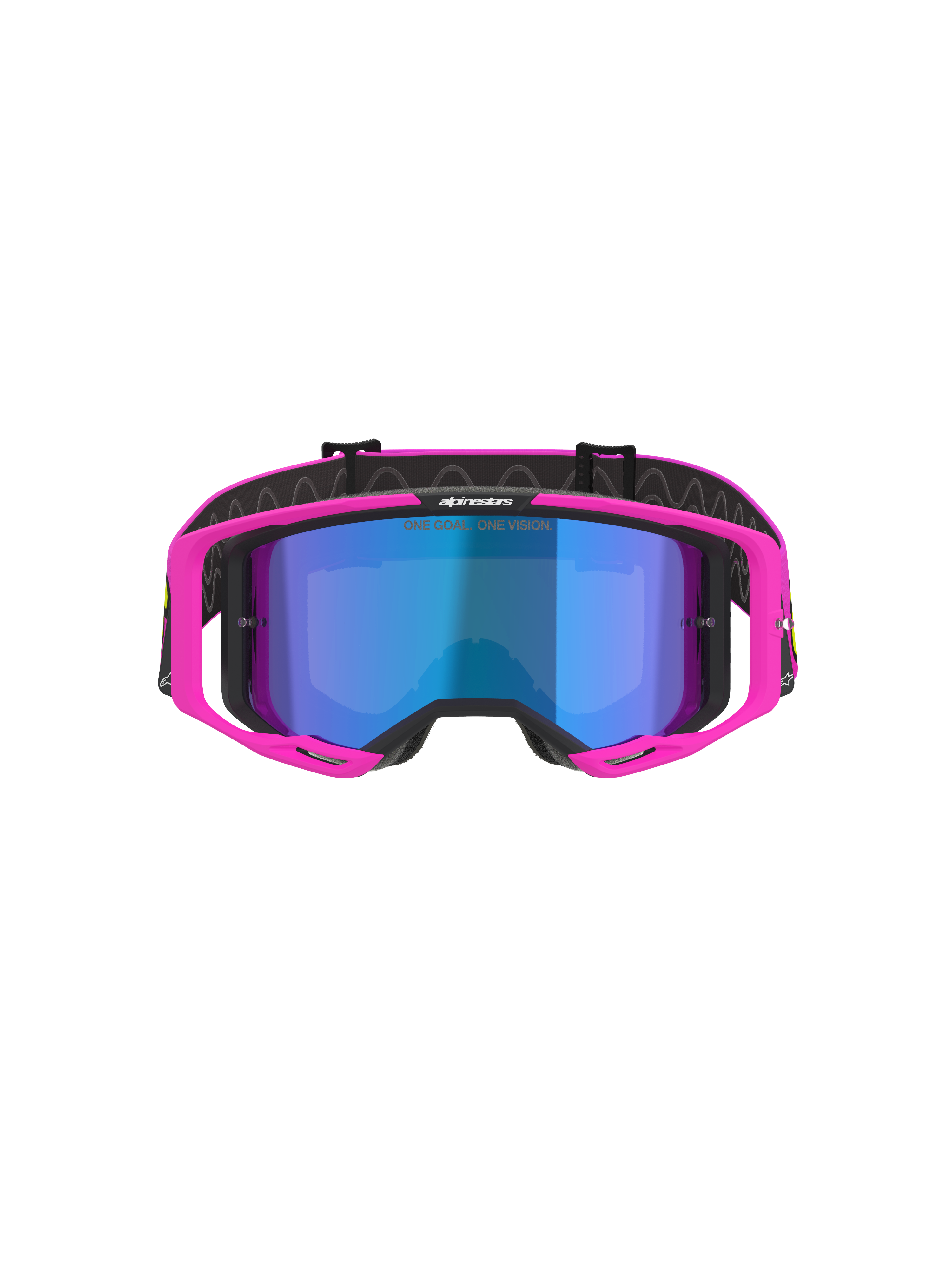 Gogle Alpinestars Vision 8 Vista, gogle motocrossowe, różowy fluo i żółty fluo z niebieską lustrzaną szybką, jaskraworóżowa oprawka, lustrzana niebieska soczewka, czarny pasek z napisem „ONE GOAL. ONE VISION.”, profesjonalne gogle do wyścigów terenowych