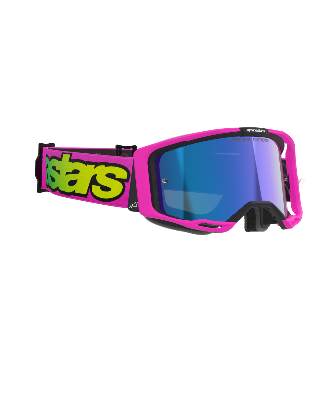 Alpinestars Vision 8 Vista Goggles, gogle motocrossowe, różowy fluo i żółty fluo z lustrzaną niebieską szybką, jaskraworóżowa oprawka i pasek z wyrazistym żółtym brandingiem, profesjonalna ochrona oczu off-road