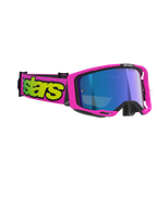 Alpinestars Vision 8 Vista Goggles, gogle motocrossowe, różowy fluo i żółty fluo z lustrzaną niebieską szybką, jaskraworóżowa oprawka i pasek z wyrazistym żółtym brandingiem, profesjonalna ochrona oczu off-road