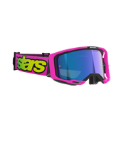 Alpinestars Vision 8 Vista Goggles, Motocross Goggles, Pink Fluo and Yellow Fluo with Mirror Blue Lens, vibrant pink frame and strap featuring bold yellow branding, professional off-road eye protection